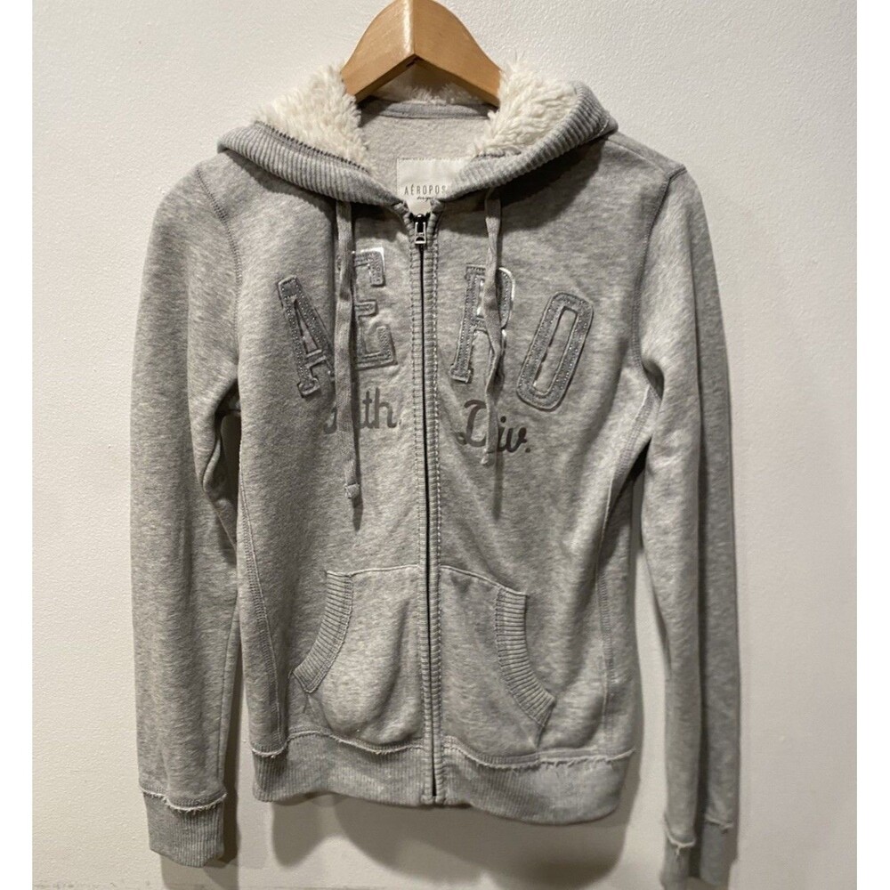 Y2K Aeropostale Faux Fur Sherpa Lined Hoodie women Sz XS Gray Full Zip Up